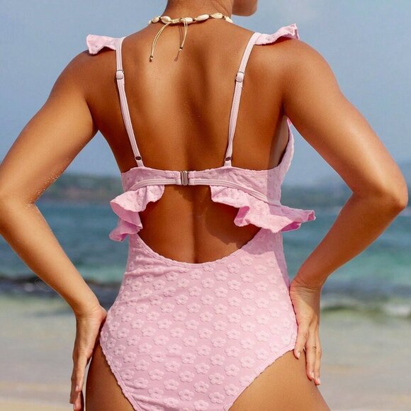 Pink Cute Women's Beach Vacation Jacquard Ruffle Trim One-Piece Swimsuit - Picture 2 of 8
